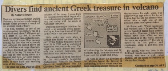 Newspaper article about a Falklander who discovered Greek treasure.