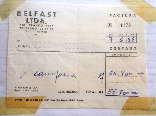 Receipt for my new leather jacket, Montevideo, June 1988