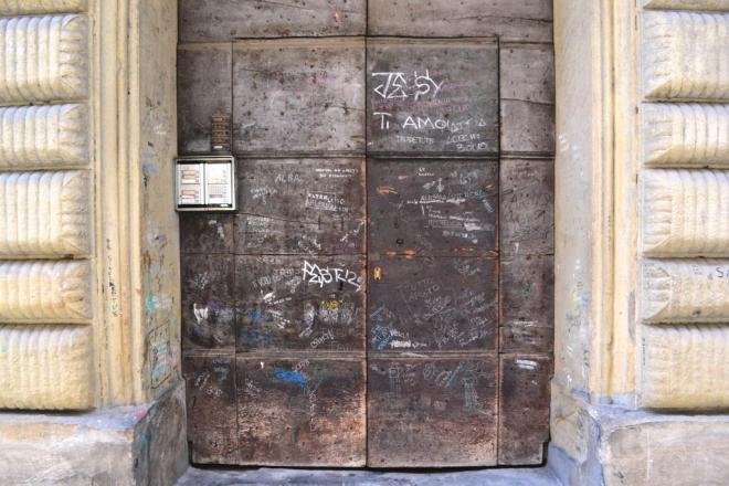 Graffiti door, Citta di Castello, Umbria, Italy, August 2018