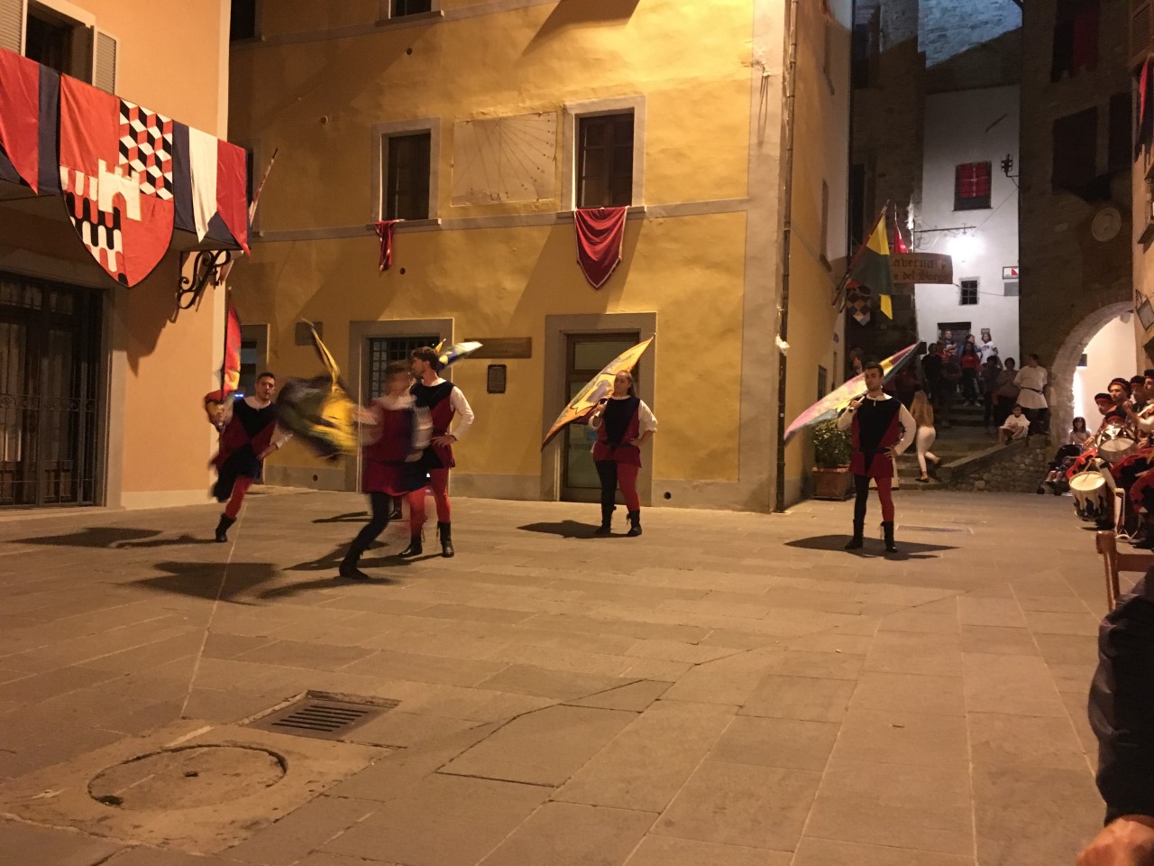 Flag waving at the festival of the donation of the sacred thorn, Piazza Fortebraccio, Montone, Umbria, August 2018