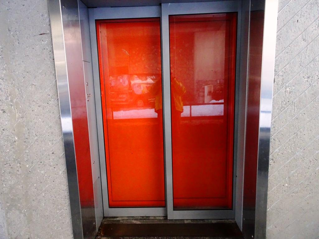 Double doors, funicular railway, Flaine, France, March 2019