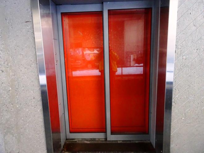 Double doors, funicular railway, Flaine, France, March 2019