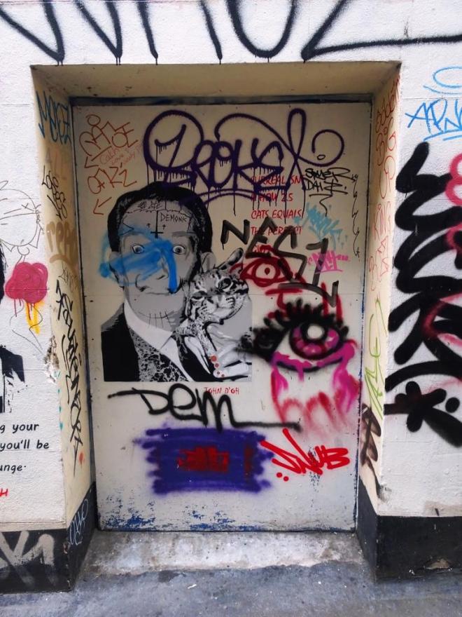 Graffiti door, Stencil by John D'oh, Leonard Lane, Bristol, March 2019