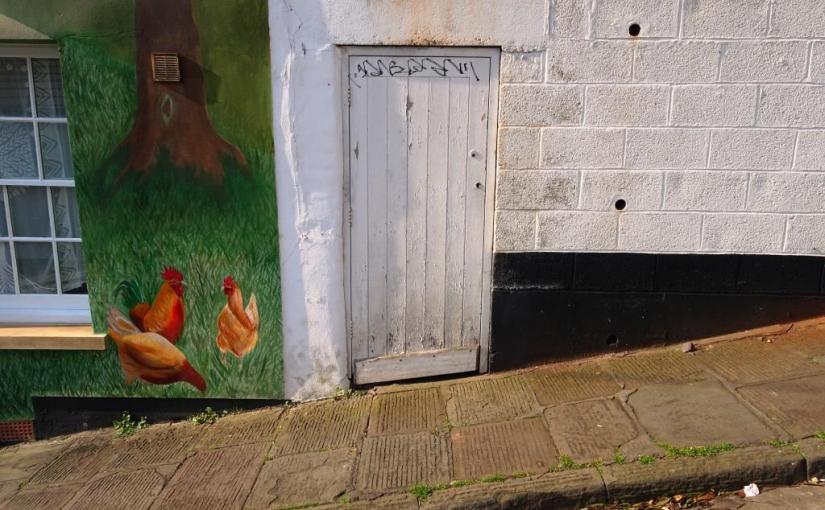 Door accompanied by Sophie Long's chickens, Kingsdown, Bristol, March 2019