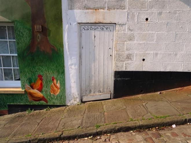 Door accompanied by Sophie Long's chickens, Kingsdown, Bristol, March 2019