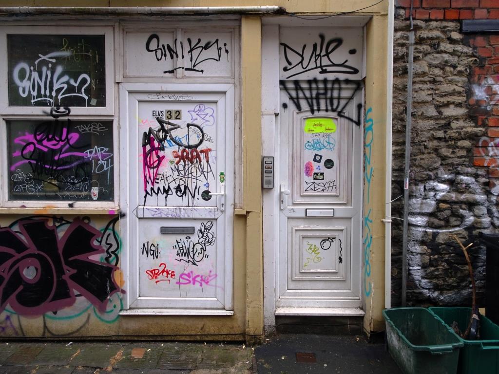 Character-building? tagged doors in Moon Street, Bristol, June 2019