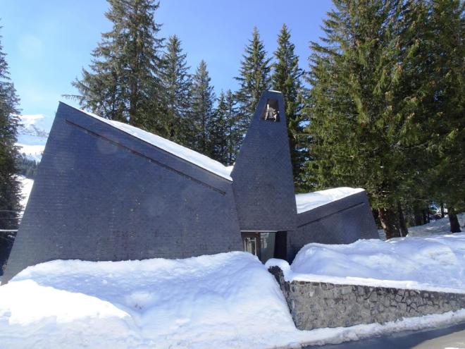 Church in the centre of 'brutalist' Flaine, March 2019