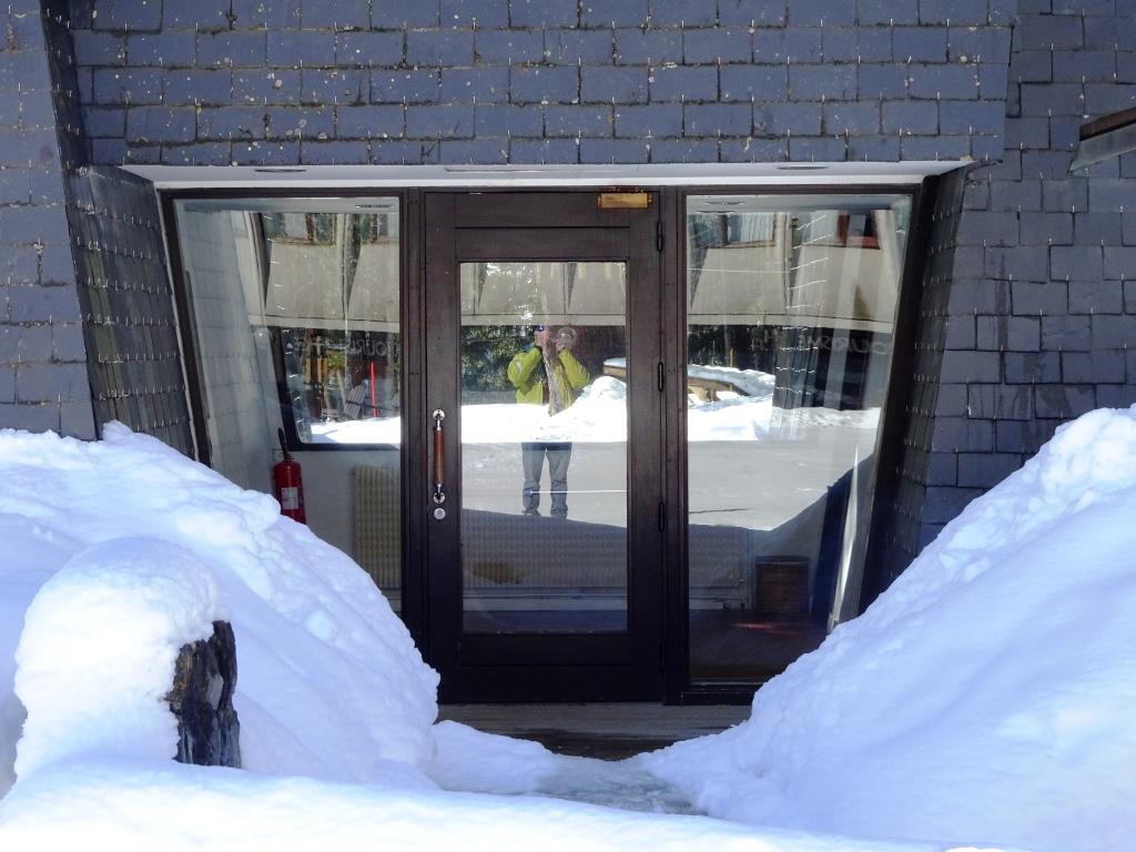 Doors of the church in the centre of 'brutalist' Flaine, March 2019
