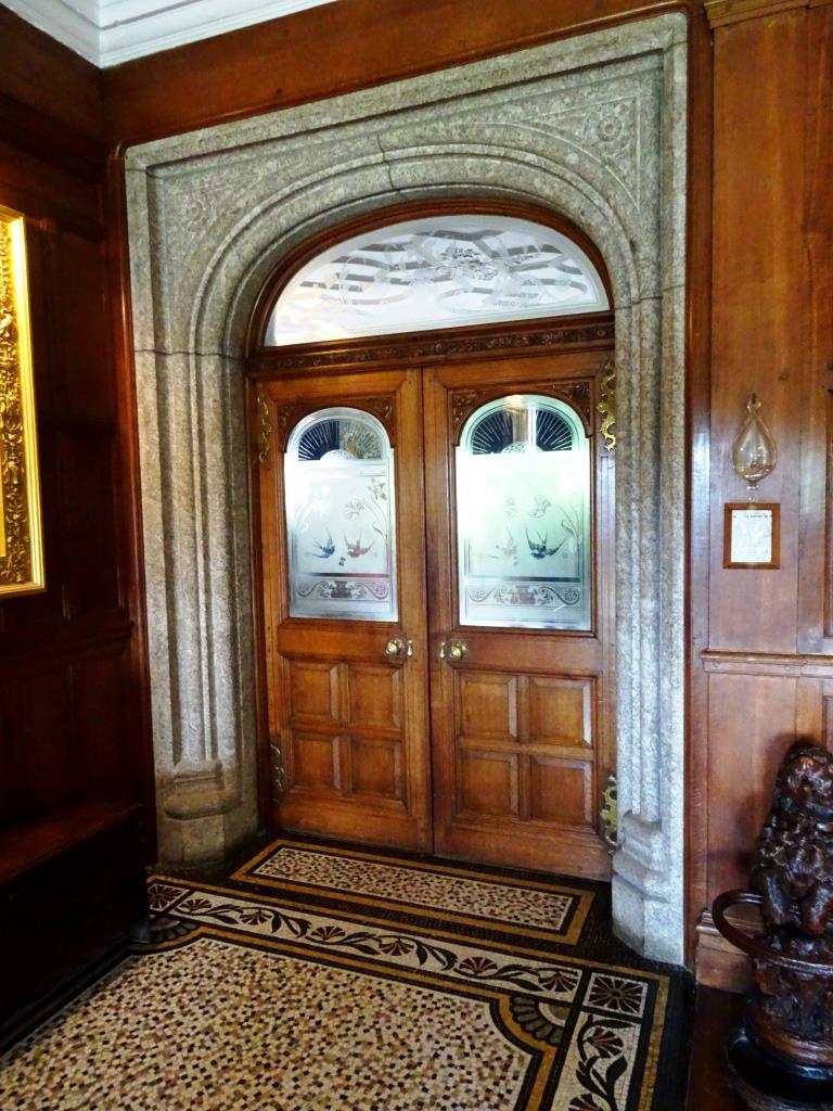 Hall doors with etched windows, Lanhydrock House, Cornwall, August 2019