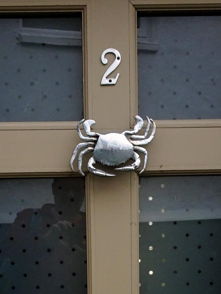 Close up of the door with the crab knocker (yours truly in the reflection), Fowey, Cornwall, September 2019