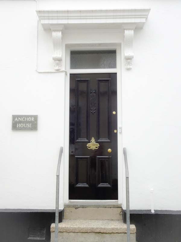 Black door, Anchor House, Fowey, Cornwall, September 2019