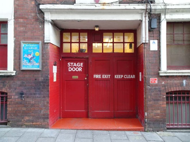 The all important Stage Door for cast, musicians, tecnicians and groupies, Bristol Hippodrome, December 2019
