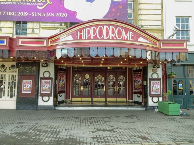 Front entrance to the Bristol Hippodrome, Doors, December 2019