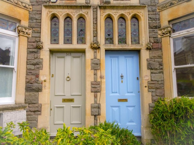 A pair of doors with beautiful stained glass widows above, Montpelier, Bristol, March 2020