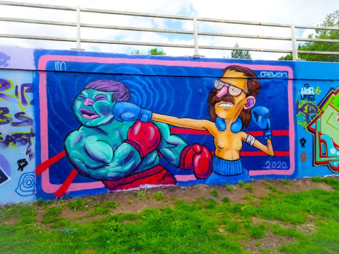 I am Ian and Kid Crayon, M32 roundabout, Bristol, July 2020