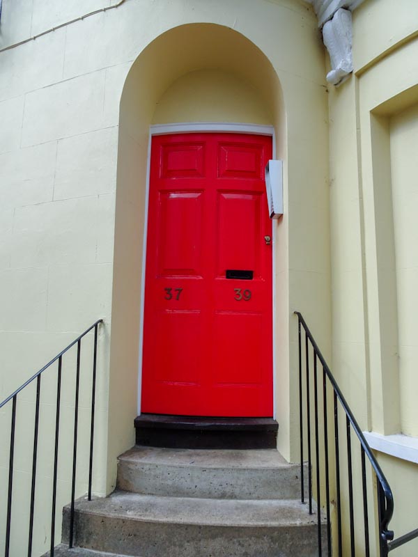 The steps are curved and even the red door is curved, Cheltenham, September 2020