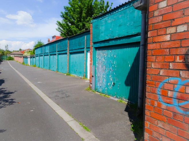 This lane is known as 'green garages' and is a safe skateboarding spot for young skaters, Redland, Bristol, May 2020