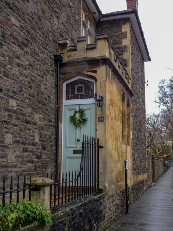 Mint green door with castellation, Redland, December 2020