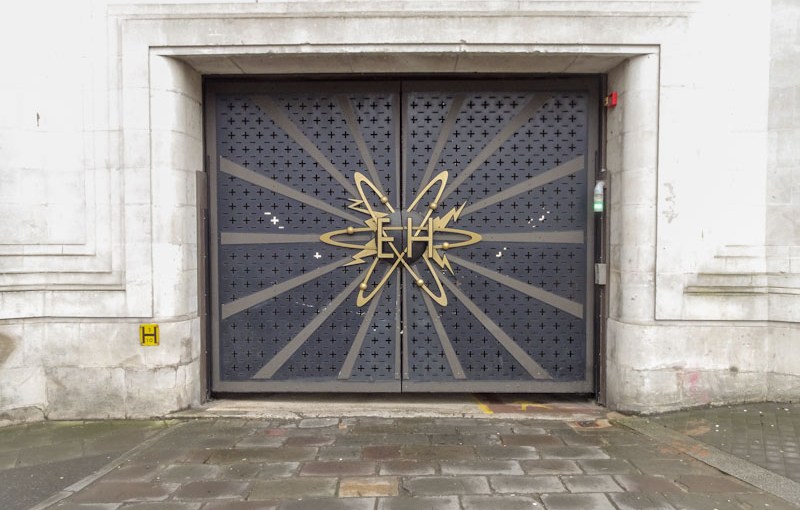 Garage door to Electricity House, Christmas Street, Bristol, March 2021