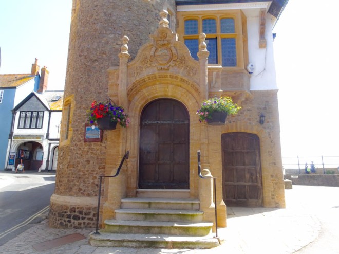 Two doors on the Guildhall, Lyme Regis, Dorset, July 2021