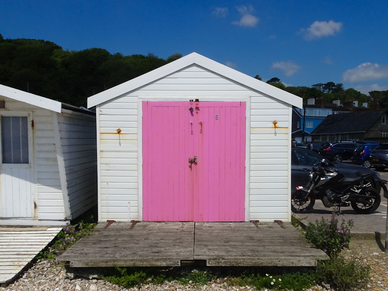 Pink beech hut door, Lyme Regis, Dorset, July 2021