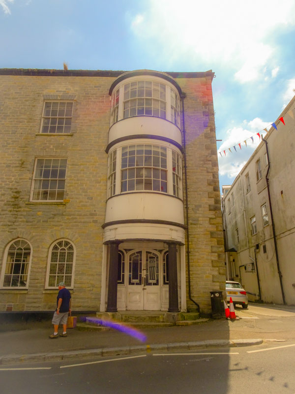 Fancy door and bay windows, Lyme Regis, Dorset, July 2021