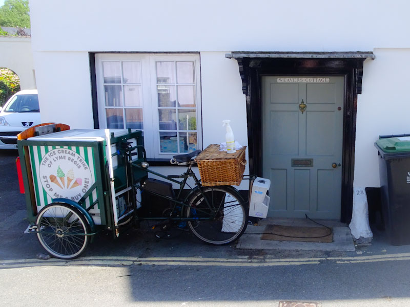 Weavers Cottage door and ice cream trike, Lyme Regis, Dorset, August 2021