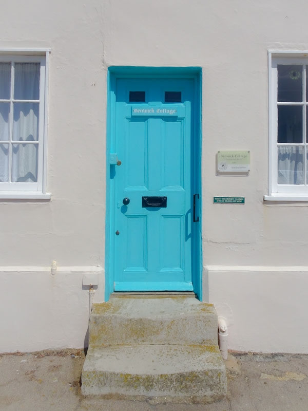 Light blue door and steps, Lyme Regis, Dorset, August 2021