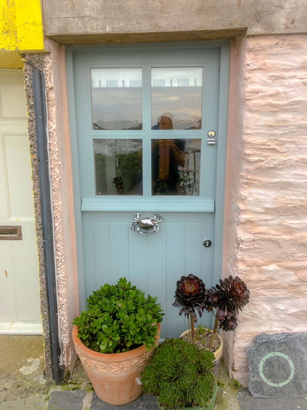 Beautiful door and crab door knocker, Polruan, Cornwall, August 2021