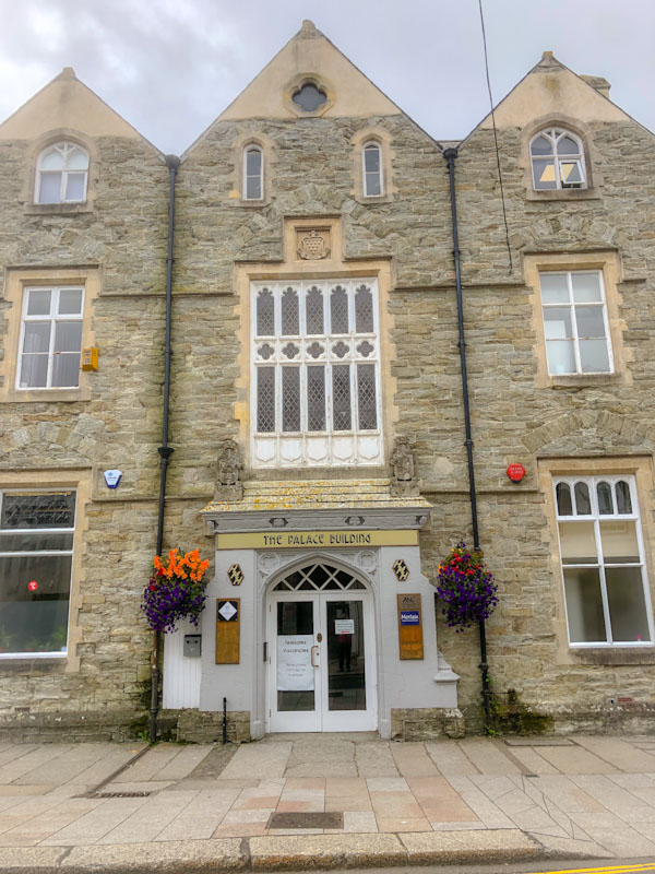 Door and fabulous windows of the Palace Building, Truro, Cornwall, August 2021