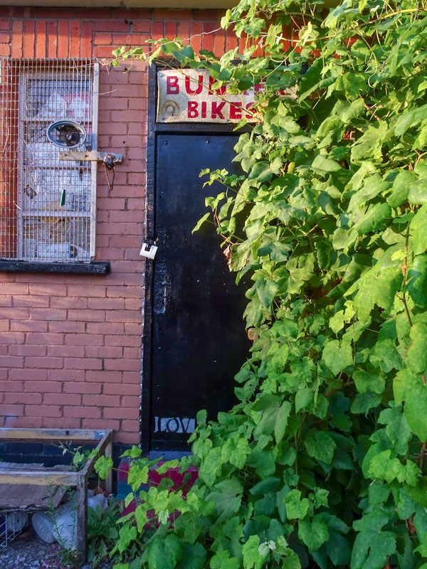 Bunker Bikes overgrown door, Bristol, August 2021