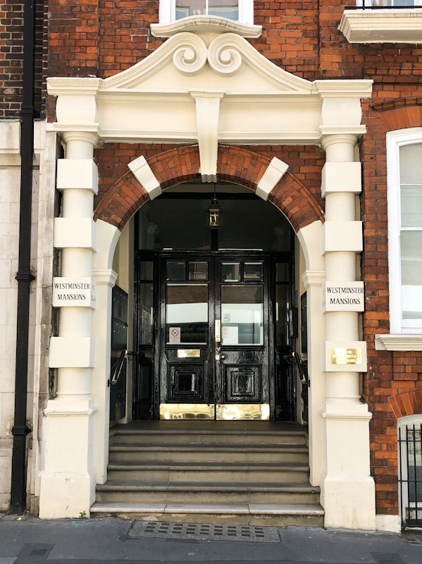 Westminster Mansions door, Westminster, London, May 2022