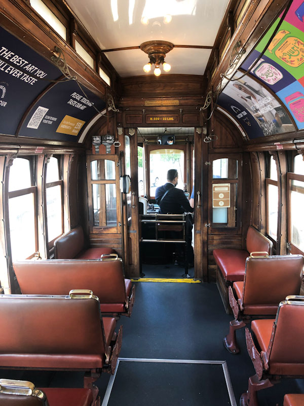 Tram carriage and inner doors, line 1, Porto, Portugal, June 2022