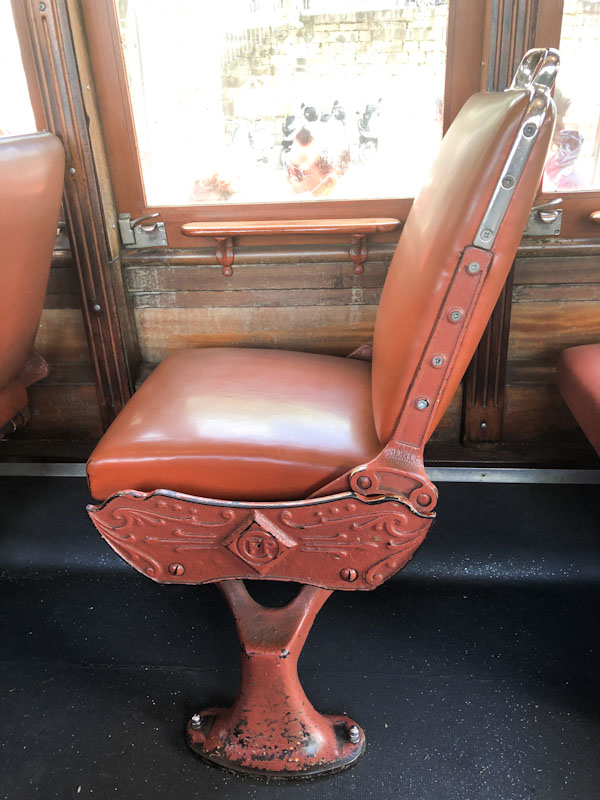 Tram seat that can be re-set for the return trip, line 1, Porto, Portugal, June 2022