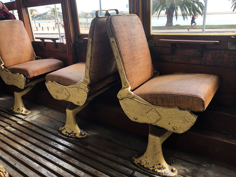 Tram seats that can be arranged as forward or backward facing, line 1, Porto, Portugal, June 2022