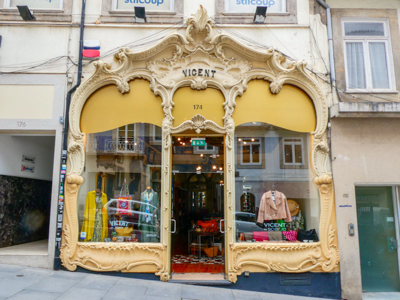 Art nouveau shop front, doorway and door, Porto, Portugal, June 2022