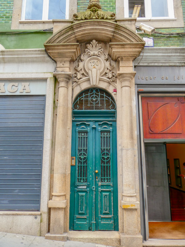 Tall fancy green door, Porto, Portugal, June 2022