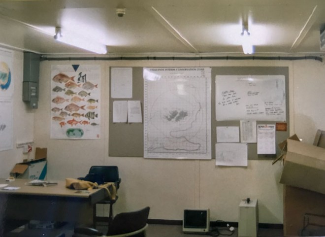 My desk at Fishops, Port Stanley, Falkland Islands, July 1988