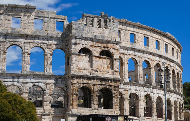 Pula Amphitheatre arches and tourist entrance door, Pula, Croatia, August 2022