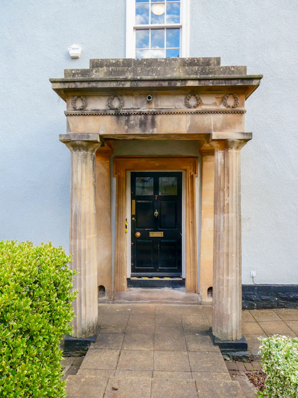 Black door and very grand portico, Bristol, May 2022