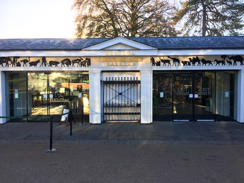 Sliding doors at the front entrance, Bristol Zoo, Bristol, October 2018