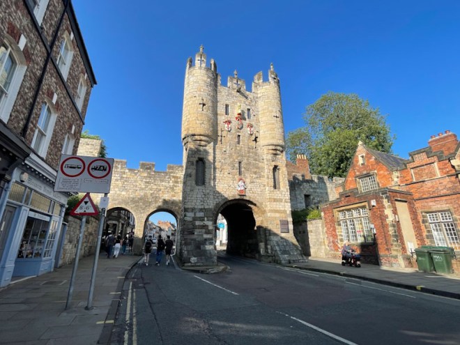 Micklegate bar (gate) and city wall, York, June 2023
