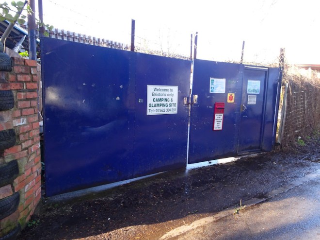 Camping and glamping site gate, Boiling Wells Lane, Bristol, February 2019