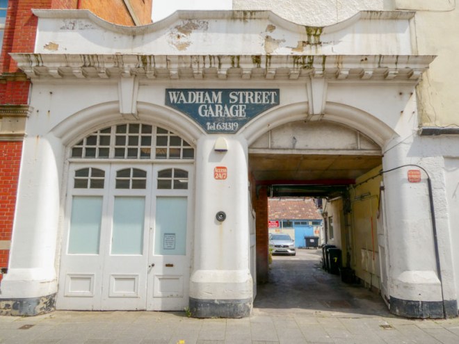 Double arches with doors - Wadham Street Garage, Weston-super-Mare, May 2023