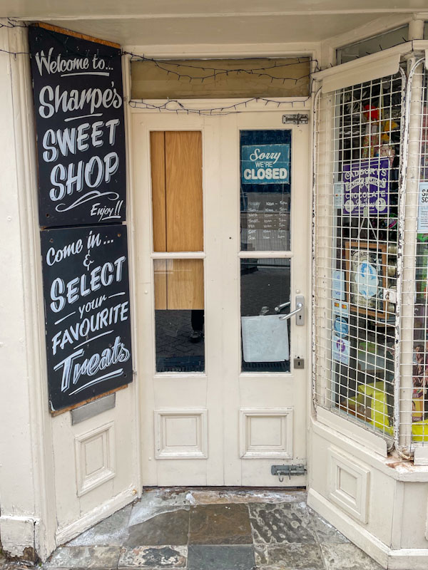 Door to Sharpe's sweet shop, unfortunately closed, Lincoln, July 2023