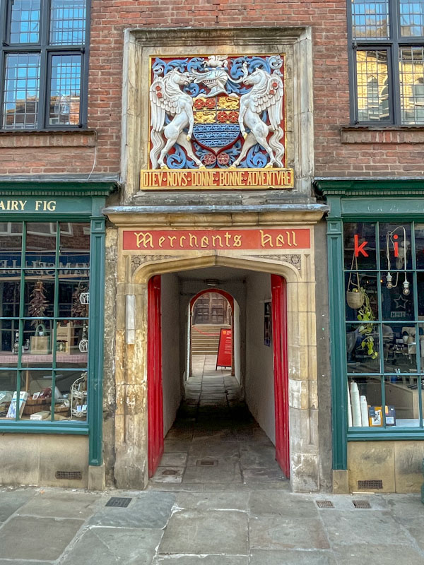 Merchants hall entrance and open doors, York, June 2023