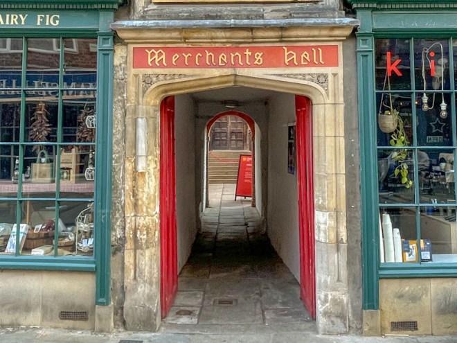 Merchants hall entrance and open doors, York, June 2023