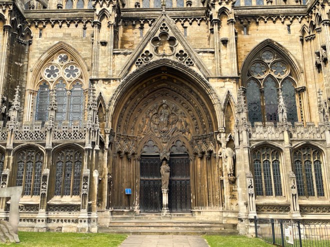South entrance and doors, Lincoln Cathedral, Lincoln City, July 2023