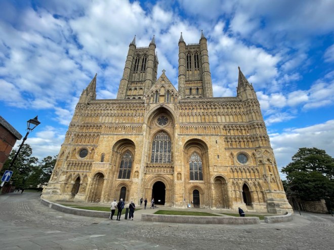 West elevation of Lincoln Cathedral with five doors, Lincoln City, July 2023