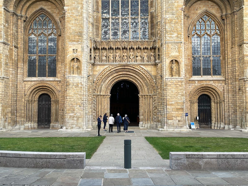 Three doors on the west entrance to Lincoln Cathedral, Lincoln City, July 2023